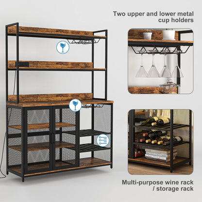 Kepooman Coffee Bar Cabinet with Power Outlet, Industrial Buffet Cabinet with LED Strip and Glass Holder, 3-Tiers Liquor Cabinet Bar for Home, Dining Room, Kitchen, Vintage Brown