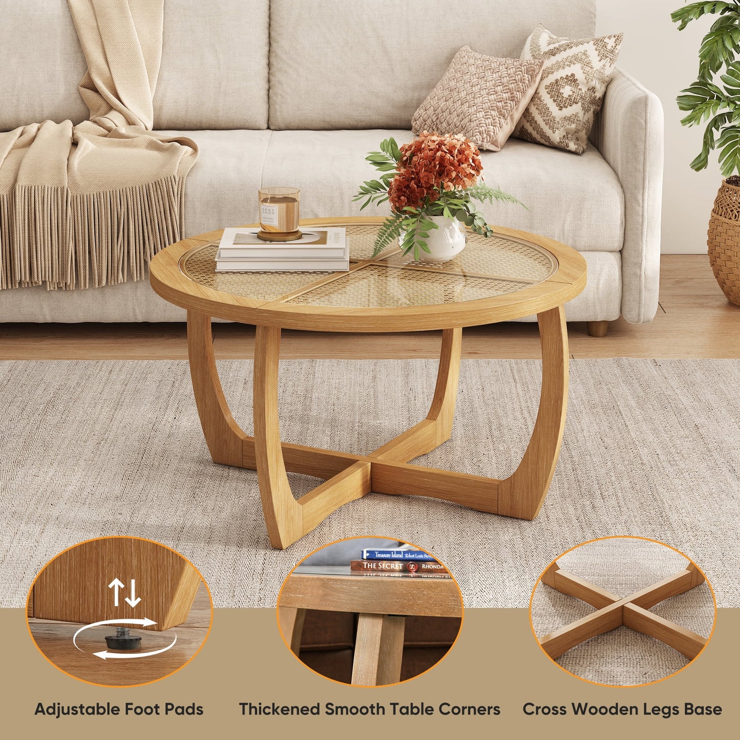 Round Wood Coffee Table with Glass Rattan Top, Wooden Circle Center Table with Curved Legs & Removeable Tempered Glasstop, Cocktail Table for Living Room, Light Brown 32.28" x 18.15"