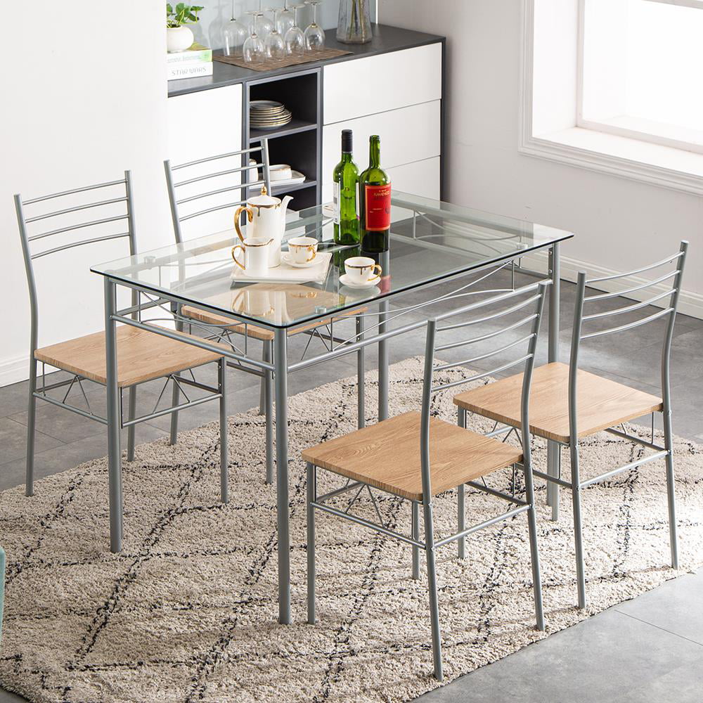Zimtown 5 Pieces Dining Set Table with 4 Chairs Glass Diner Table with Metal Frame Kitchen Dining Room Furniture Black