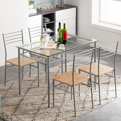 Zimtown 5 Pieces Dining Set Table with 4 Chairs Glass Diner Table with Metal Frame Kitchen Dining Room Furniture Black