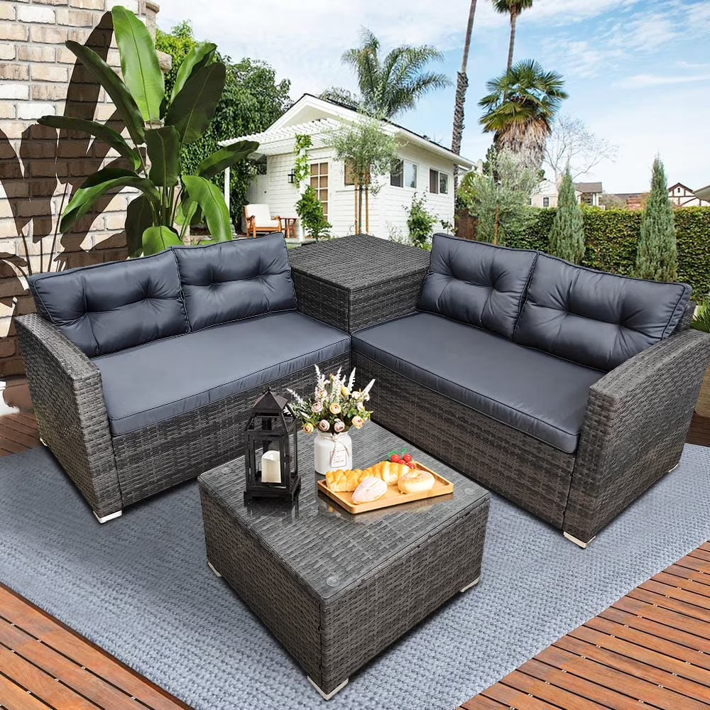 Rattan Patio Sofa Set, 4 Pieces Outdoor Sectional Furniture, All-Weather PE Rattan Wicker Patio Conversation, Cushioned Sofa Set with Glass Table for Patio Garden Poolside Deck