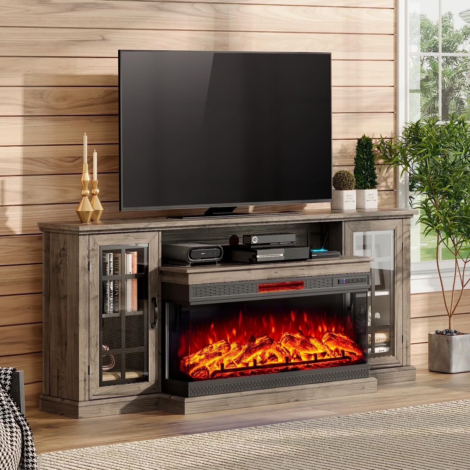 Merluxy 75in 3-Sided Glass Fireplace TV Stand for TVs up to 85", Distressed White