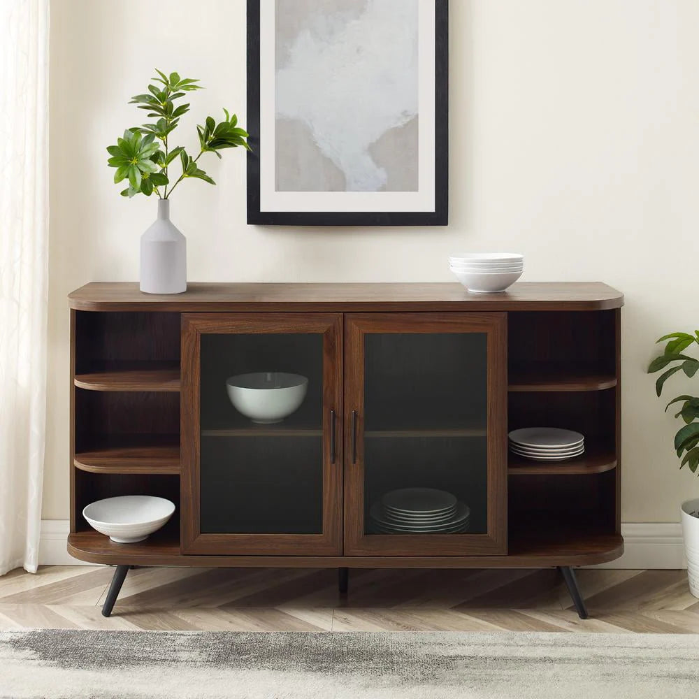 Walker Edison Modern Curved Edge Fluted Glass Door Sideboard Dark Walnut