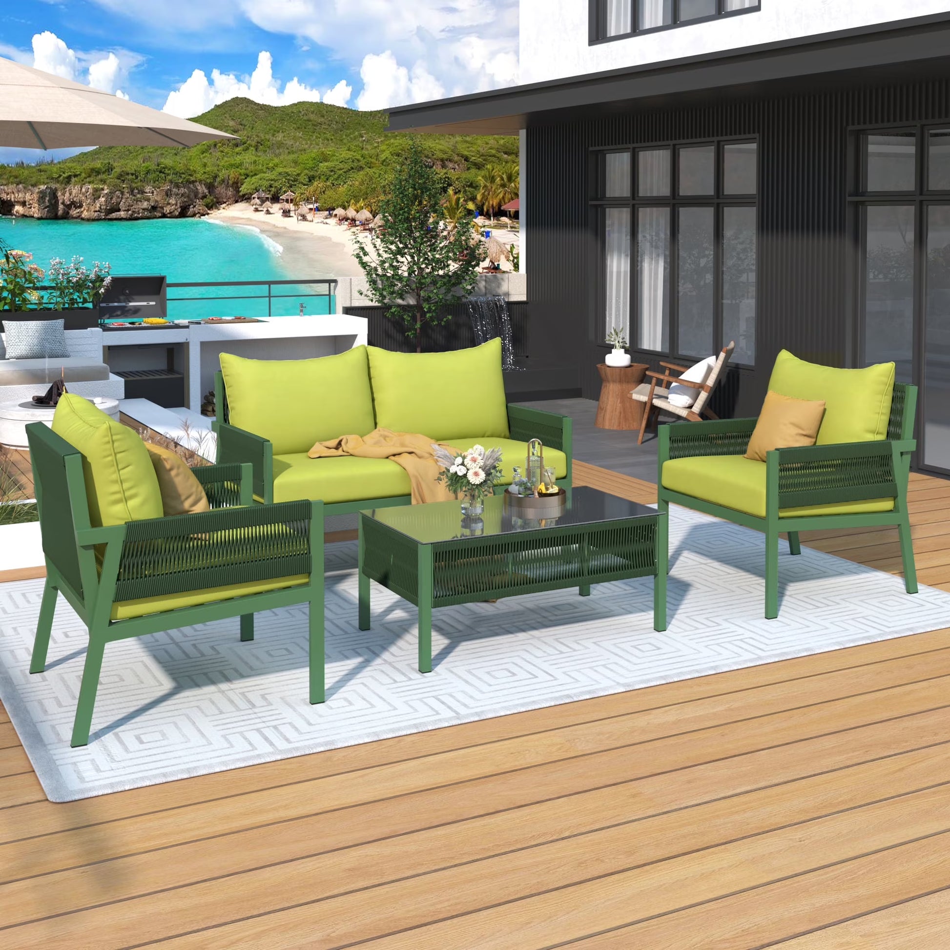 Segmart Wicker Patio Furniture Sets, 4-Piece Rope Patio Furniture Set with Tempered Glass Table, Outdoor Deep Seating Conversation Set with Thick Cushions for Backyard, Porch, Balcony