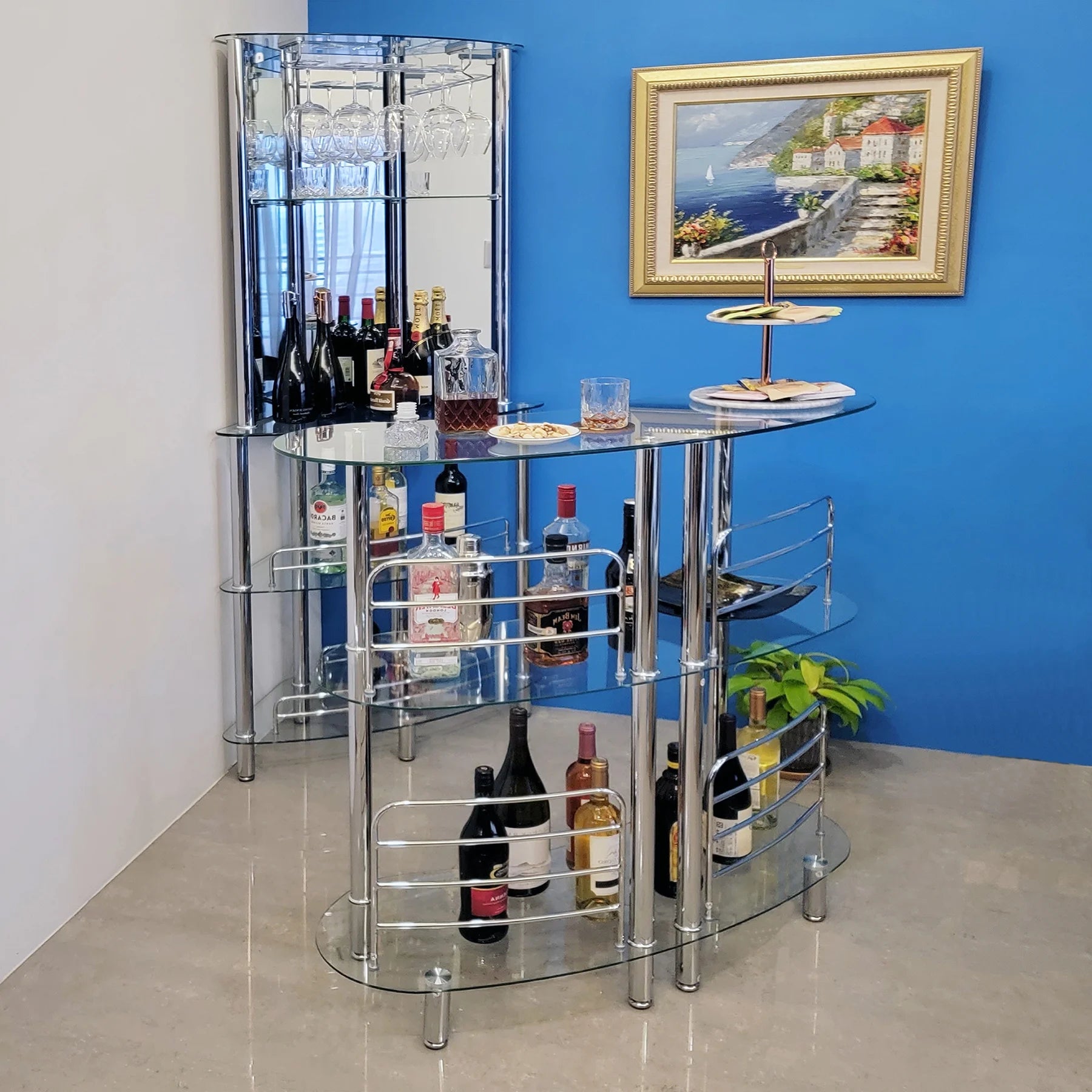 Mango Steam Contemporary Home Bar Liquor Table | Modern Clear Tempered Glass Shelves | 41" H x 47" L x 13.6" D