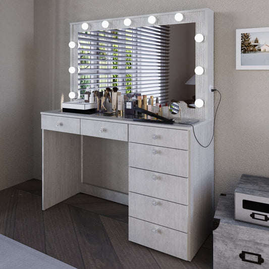 Ember Interiors Modern Large Greige Makeup Vanity Desk with Built-in Lights, Power Outlet with USB Type-C, Glass Top, 7 Drawers and Crystal Knobs