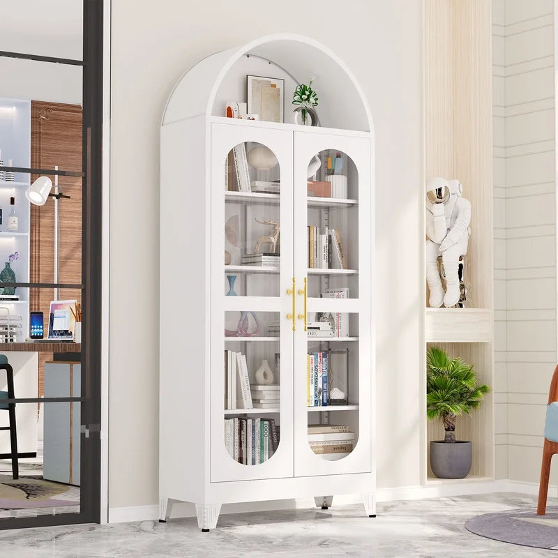 Erosoei 73" Metal Arched Display Cabinet with Glass Doors and Adjustable Shelves for Collectibles