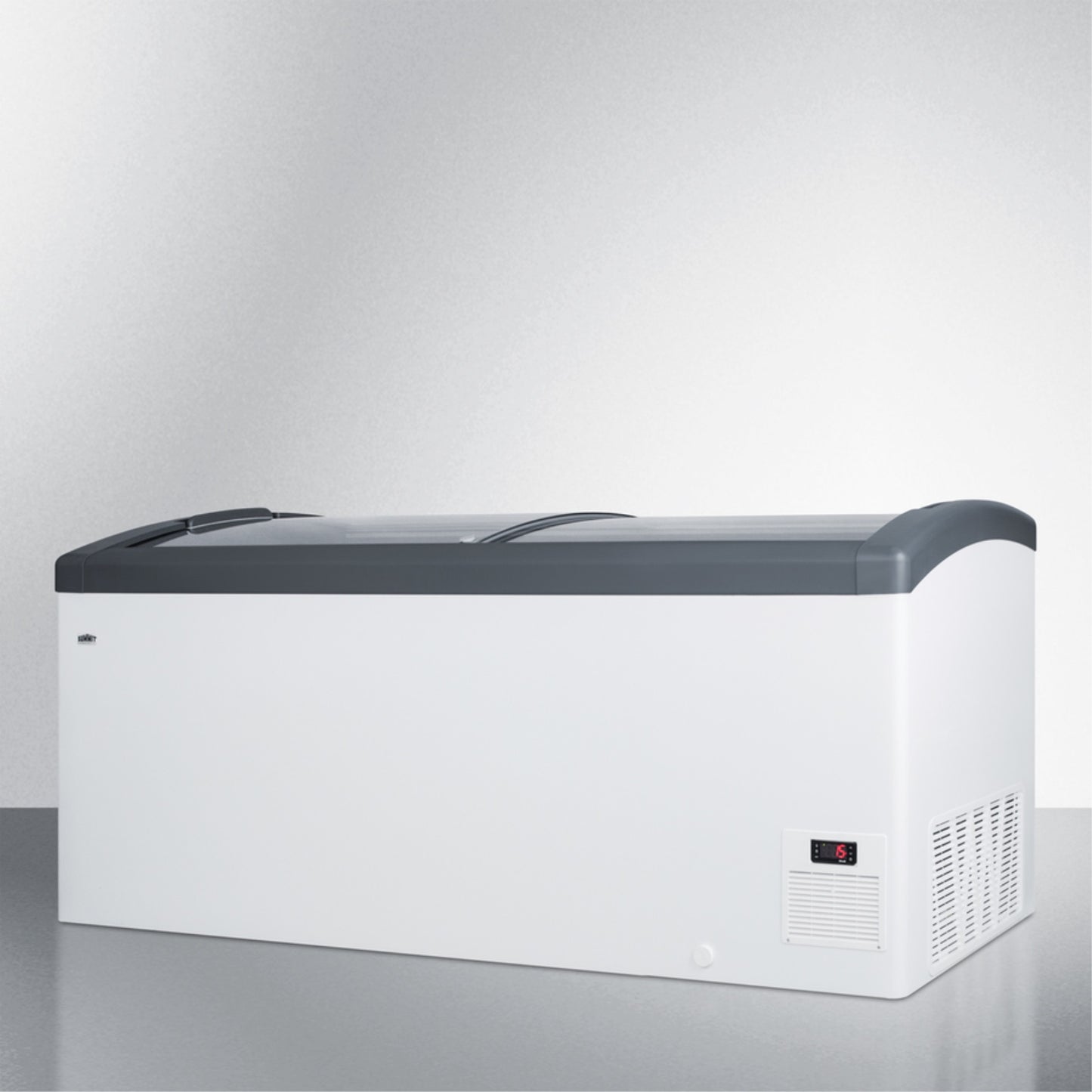Curved top commercial ice cream freezer made in Denmark, with sliding glass lid, digital thermostat, novelty baskets, and 17.1 cu.ft. interior
