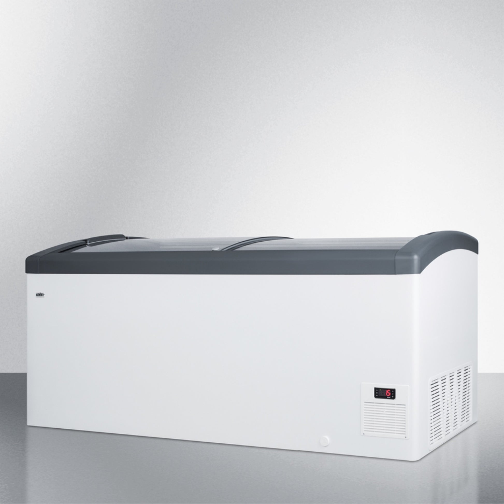 Curved top commercial ice cream freezer made in Denmark, with sliding glass lid, digital thermostat, novelty baskets, and 17.1 cu.ft. interior