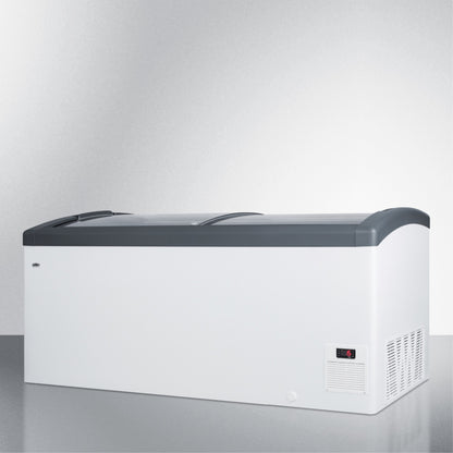 Curved top commercial ice cream freezer made in Denmark, with sliding glass lid, digital thermostat, novelty baskets, and 17.1 cu.ft. interior
