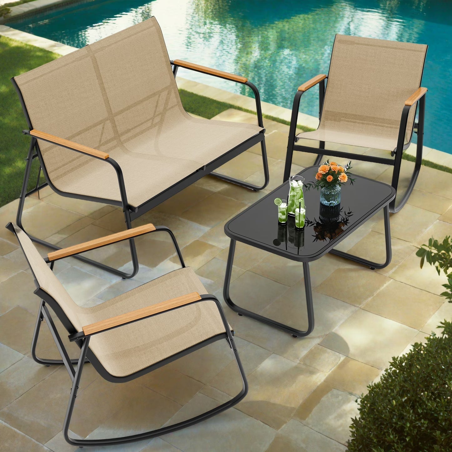 Patio Conversation Sets for 4, Lofka 4 Pieces Patio Furniture Sets with Rocking Bistro Fabric chairs, Garden Loveseat, Glass Coffee Table for Backyard, Poolside, Porch, Lawn, Black