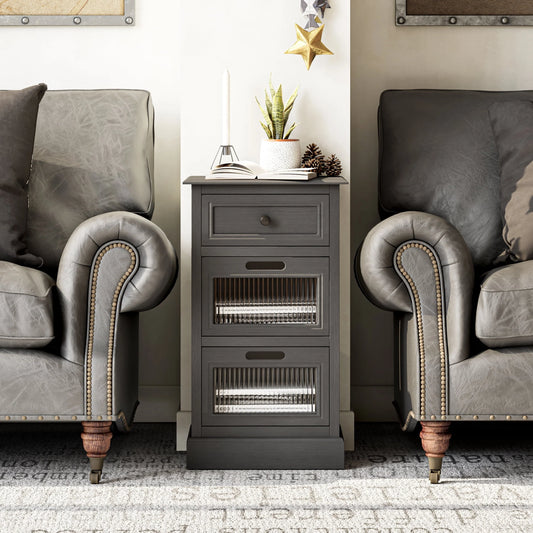 COZAYH Mid Century Modern Nightstand, Fully Assembled Nightstand with 3 Reeded Glass Front Drawers, Distressed Gray Nightstand with Antique Brass Knob and Metal Glide, 27.5°?Tall