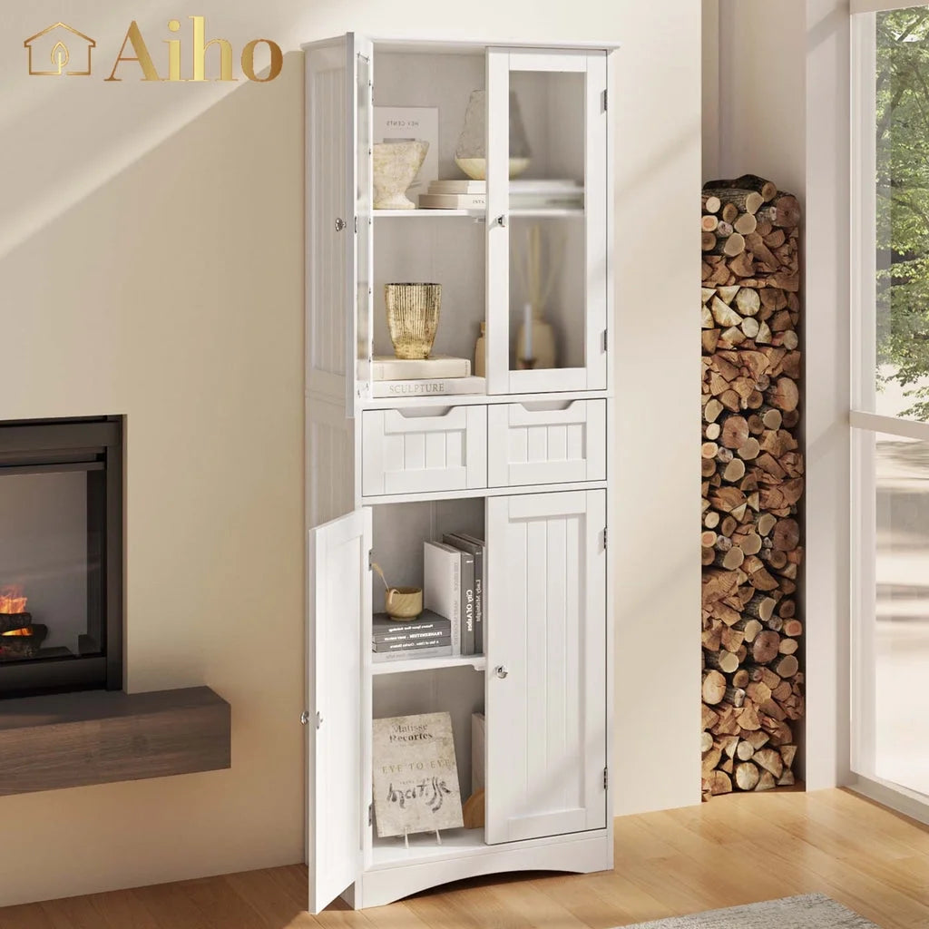 Aiho 67" Kitchen Pantry Storage Cabinet, Pantry Storage Cabinet with 2 Drawers and Glass Doors for Kitchen, Dining Room - White