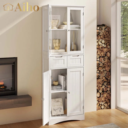 Aiho 67" Kitchen Pantry Storage Cabinet, Pantry Storage Cabinet with 2 Drawers and Glass Doors for Kitchen, Dining Room - White