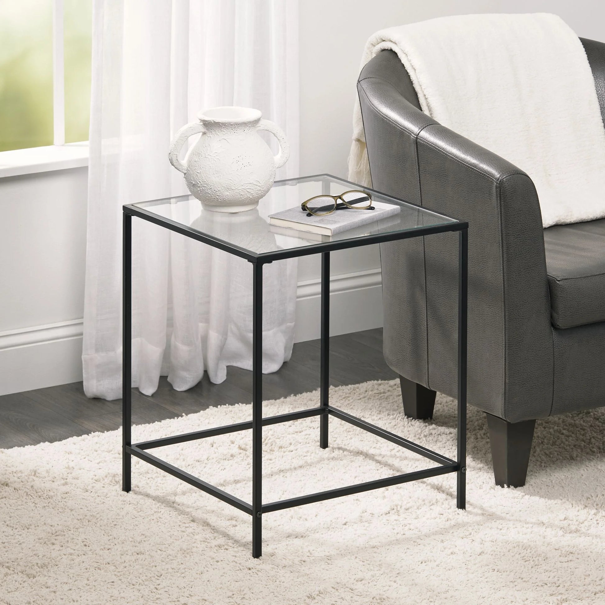mDesign Metal and Glass Top Square Accent Side/End Table Furniture Unit, Black