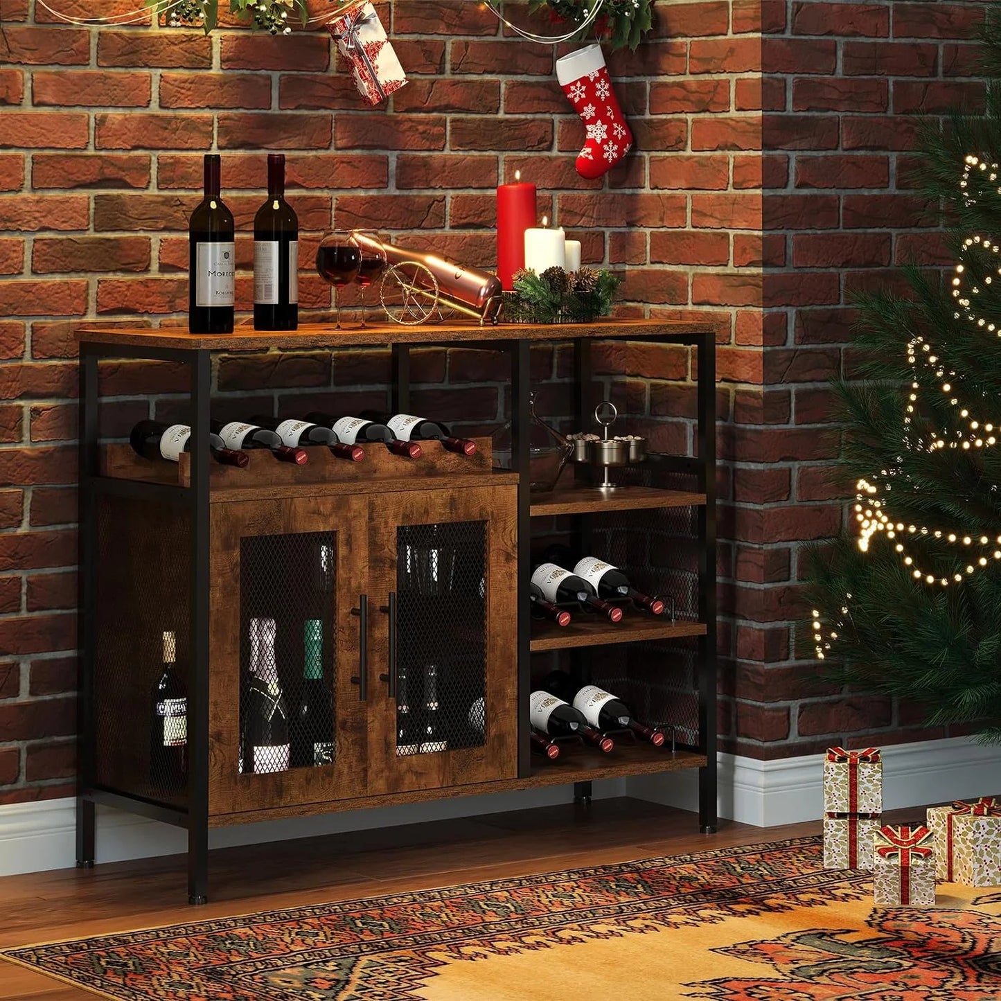 x-Cosrack Wine Bar Cabinet with Detachable Wine Rack, Coffee Bar Cabinet with Glass Holder and Mesh Door, Rustic Brown