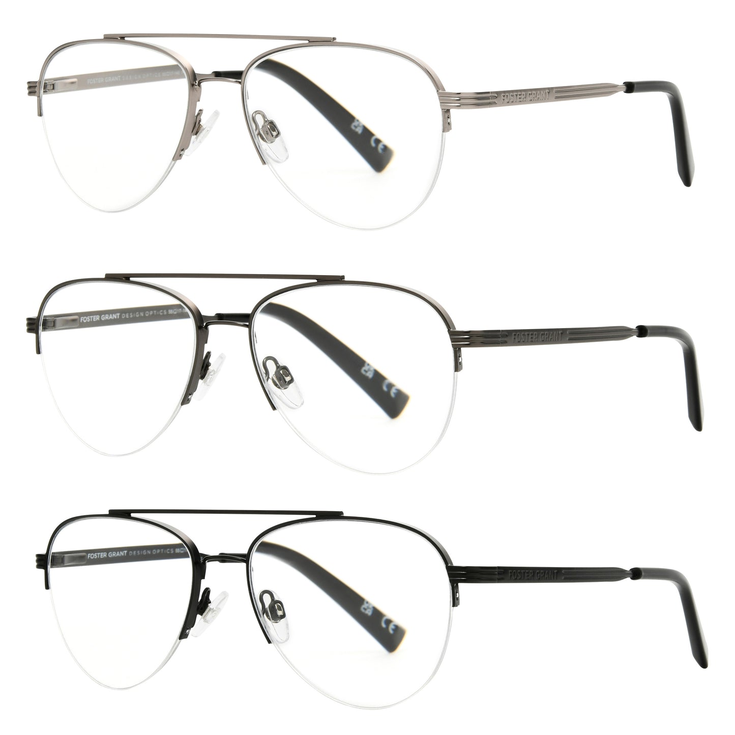 Design Optics by Foster Grant #760 Semi-Rim Aviator Reading Glasses, 3-pack