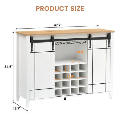 DSstyles 47" Coffee Bar Cabinet w/16 Wine & Glass Rack, Storage Shelves Farmhouse Wine Bar Cabinet w/Sliding Barn Door Rustic Large Buffet Sideboard Cabinet for Dining Room