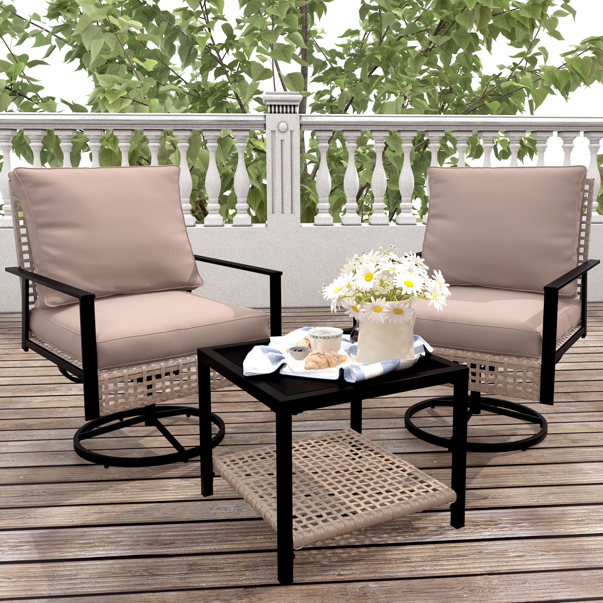 Ainfox Premium Patio Swivel Bistro Set,3-Piece Ourdoor Furniture Set,Wicker Rattan Coversation Rocking Chairs w/Glass Top Table & Cushions,Khaki
