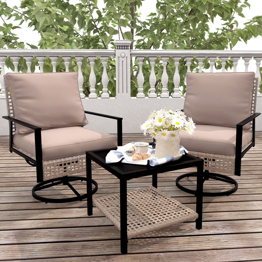 Ainfox Premium Patio Swivel Bistro Set,3-Piece Ourdoor Furniture Set,Wicker Rattan Coversation Rocking Chairs w/Glass Top Table & Cushions,Khaki