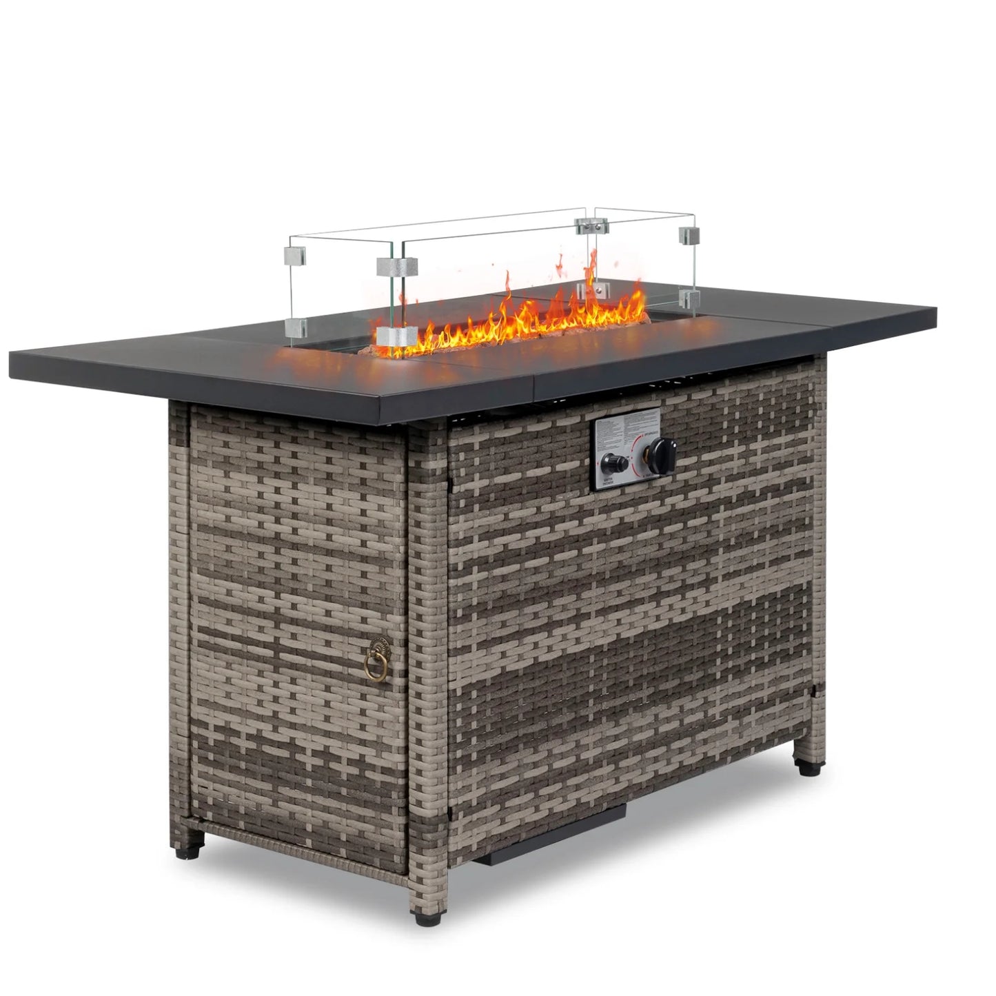 43 in Propane Fire Pit Table, 50,000 BTU Auto-Ignition Fire Pit Table, Gas Fire Pits for Outside with Glass Stone and Waterproof Cover, Grey Rattan, CSA Certification for Garden/Patio/Backyard