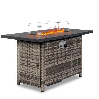 43 in Propane Fire Pit Table, 50,000 BTU Auto-Ignition Fire Pit Table, Gas Fire Pits for Outside with Glass Stone and Waterproof Cover, Grey Rattan, CSA Certification for Garden/Patio/Backyard