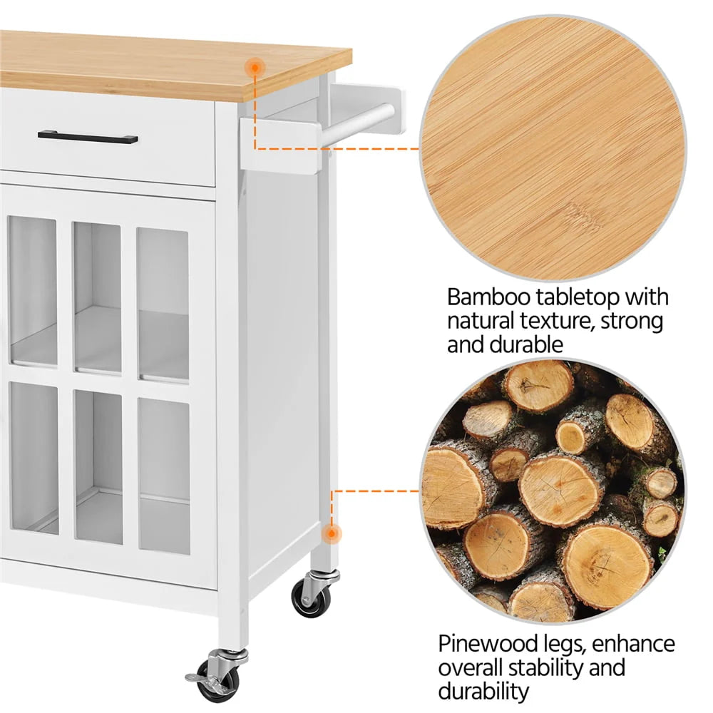 Topeakmart Rolling Kitchen Cart with Bamboo Top & Storage & Tempered Glass Cabinet Door White