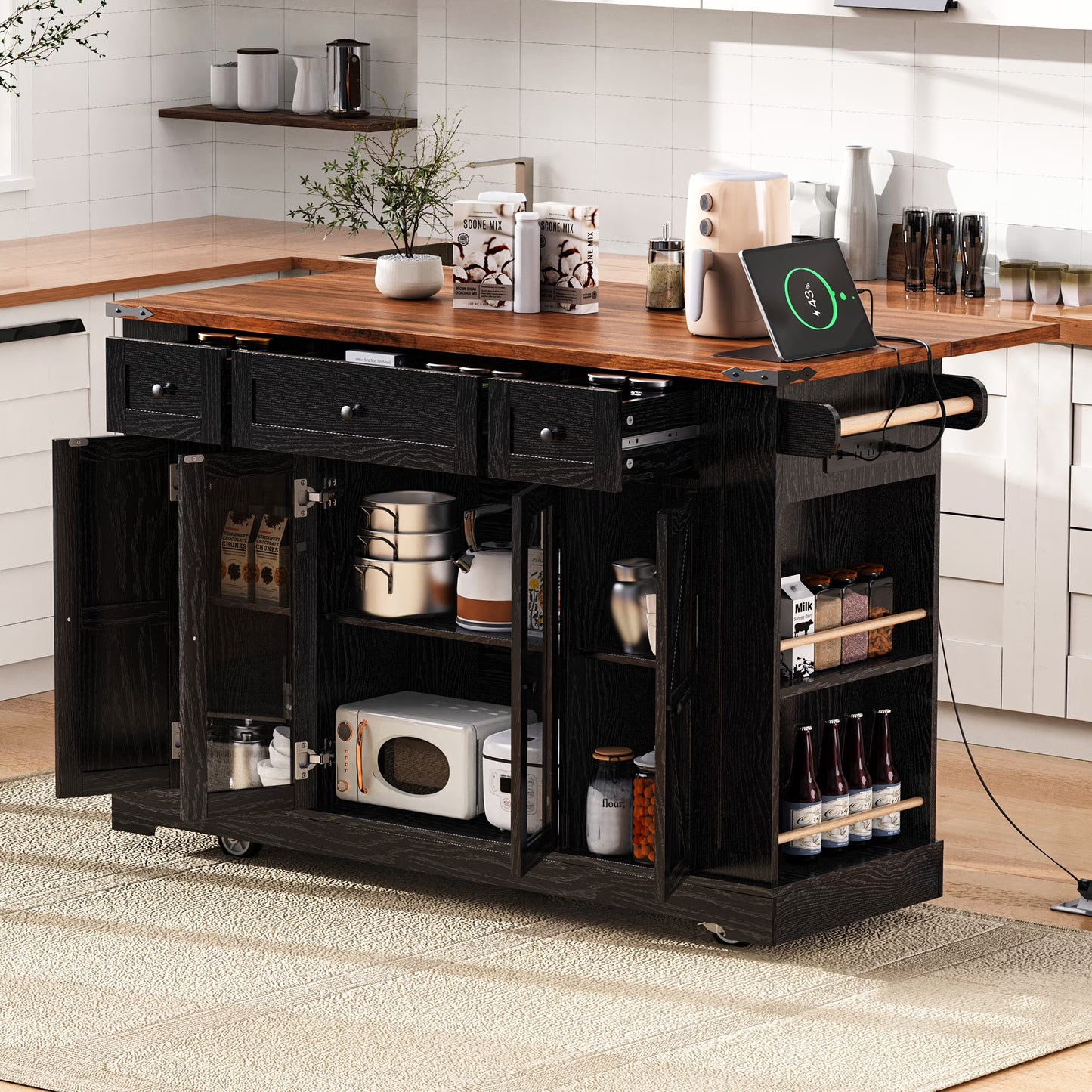 Euroco 53'' Farmhouse Kitchen Island with Two Tempered Glass Cabinet DoorsRolling Kitchen Cart on Wheels