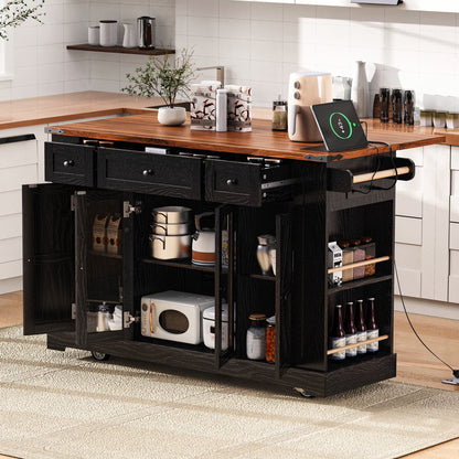 Euroco 53'' Farmhouse Kitchen Island with Two Tempered Glass Cabinet DoorsRolling Kitchen Cart on Wheels