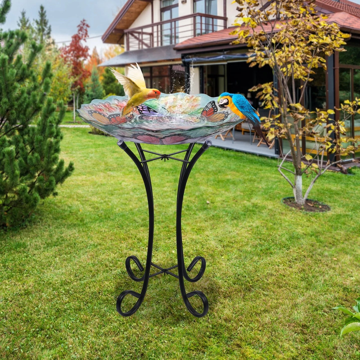 Glass Birdbath with Metal Stand Outdoor for Lawn Yard Garden Butterfly Decor, 18°?Dia 21.65°?Height