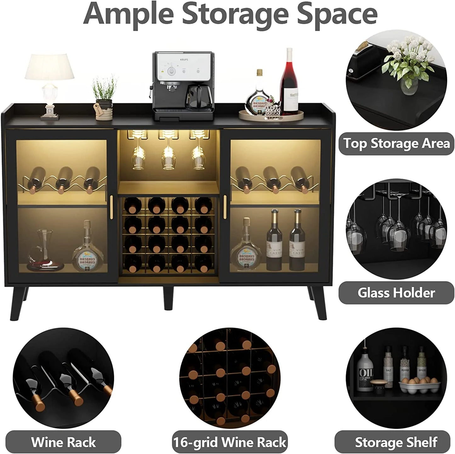 LED Wine Bar Cabinet, Home Coffee Bar Cabinet With Wine Racks and Glass Holders, Buffet Sideboard With Acrylic Doors and Drawer for Dining Room, Bar, Living Room, Black
