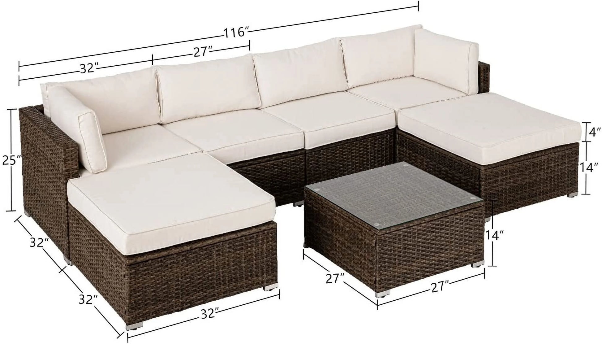 COSIEST 7-Piece Outdoor Patio Furniture Grey Wicker Sectional Sofa Set with Tempered Glass Coffee Table