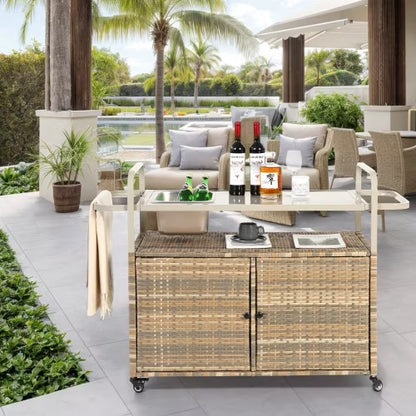 Yiweny Outdoor Rolling Wicker Bar Cart, Large Portable Outdoor Wicker Bar Table with Cabinet Storage and Glass Countertop, Patio Wicker Serving Bar Cart for Pool, Party, Backyard, Black