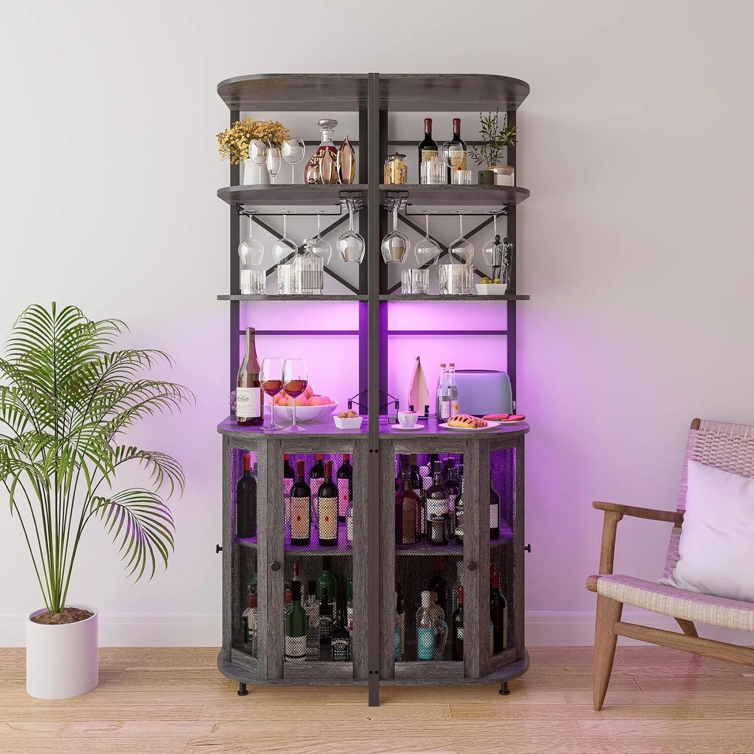 Frmobepts Corner Bar Cabinet with Power Outlet, 6-Tiers Industrial Wine Cabinet with LED Strip and Glass Holder for Living Room, Kitchen, Grey