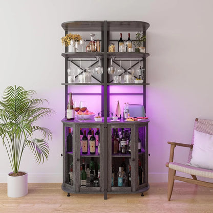 Frmobepts Corner Bar Cabinet with Power Outlet, 6-Tiers Industrial Wine Cabinet with LED Strip and Glass Holder for Living Room, Kitchen, Grey