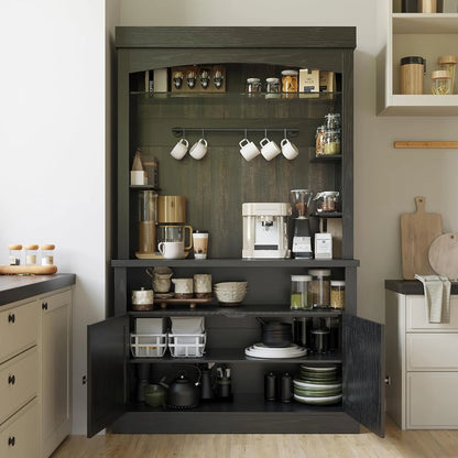 Homhougo Coffee Bar Cabinet with LED Lights, 72" Tall Buffet Cabinet with Storage, Farmhouse Kitchen Sideboard, Microwave Stand, Wine Rack, Glass Shelf, Kitchen & Dining Room Furniture, Dark Oak