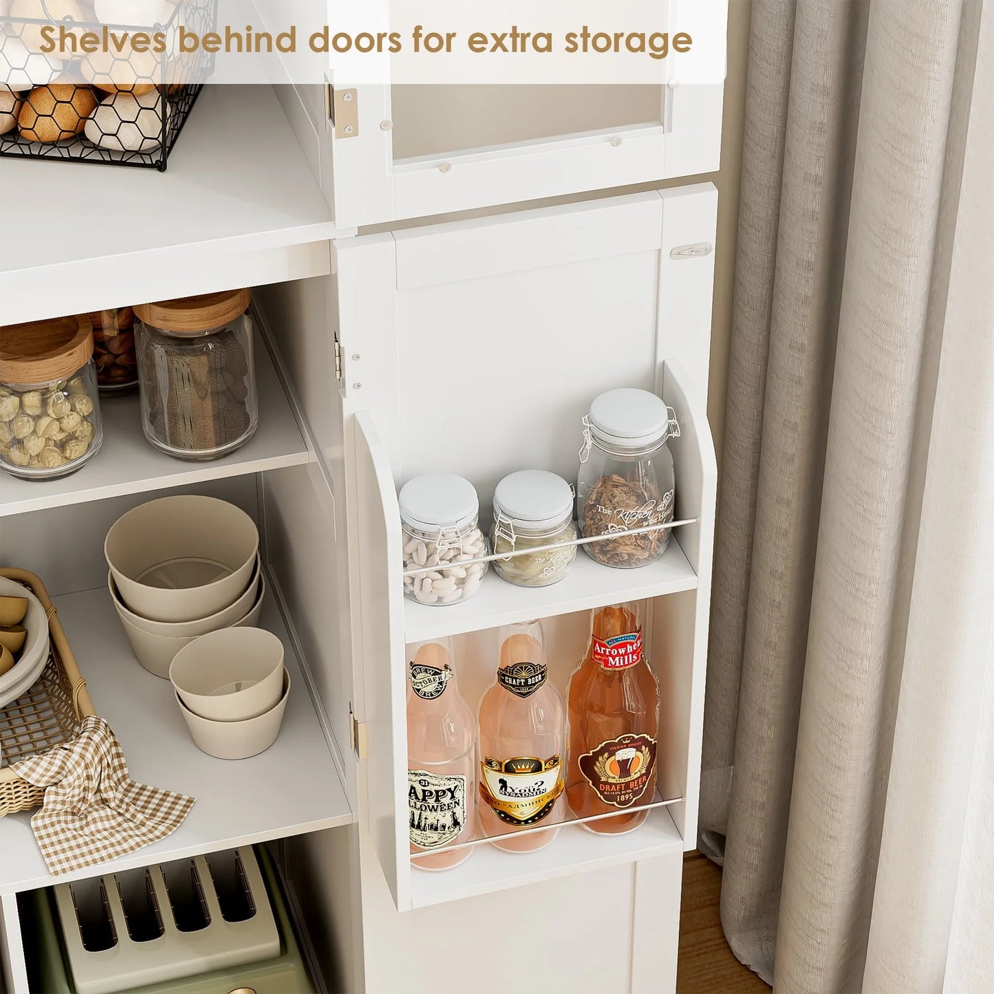 Homfa 67'' Farmhouse Kitchen Pantry Cabinet, Tall Storage Cabinet with Frosted Glass Doors for Dining Room, White