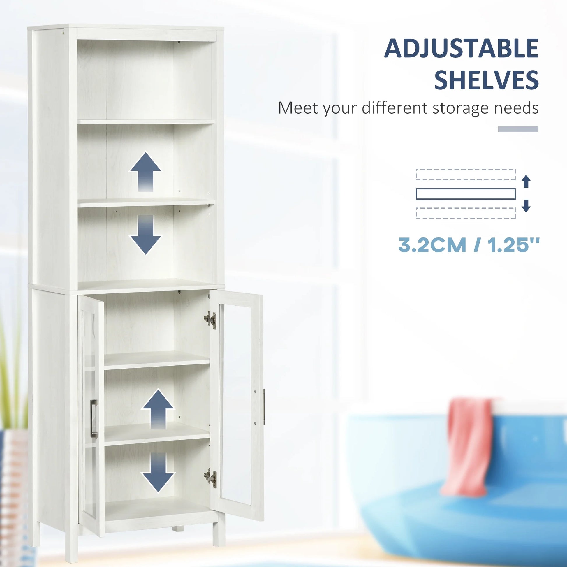 kleankin Tall Bathroom Storage Cabinet with 3 Tier Shelf, Glass Door Cabinet, Freestanding Linen Tower with Adjustable Shelves, Antique White