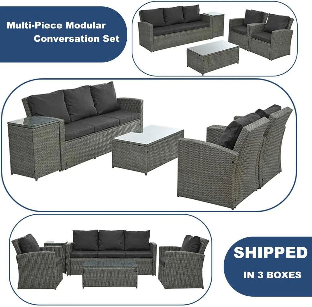 HighSound 5 Pcs PE Rattan Wicker Patio Sofa Set Outdoor Sectional Furniture Set with Tempered Glass Table
