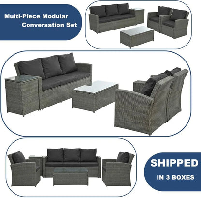 HighSound 5 Pcs PE Rattan Wicker Patio Sofa Set Outdoor Sectional Furniture Set with Tempered Glass Table
