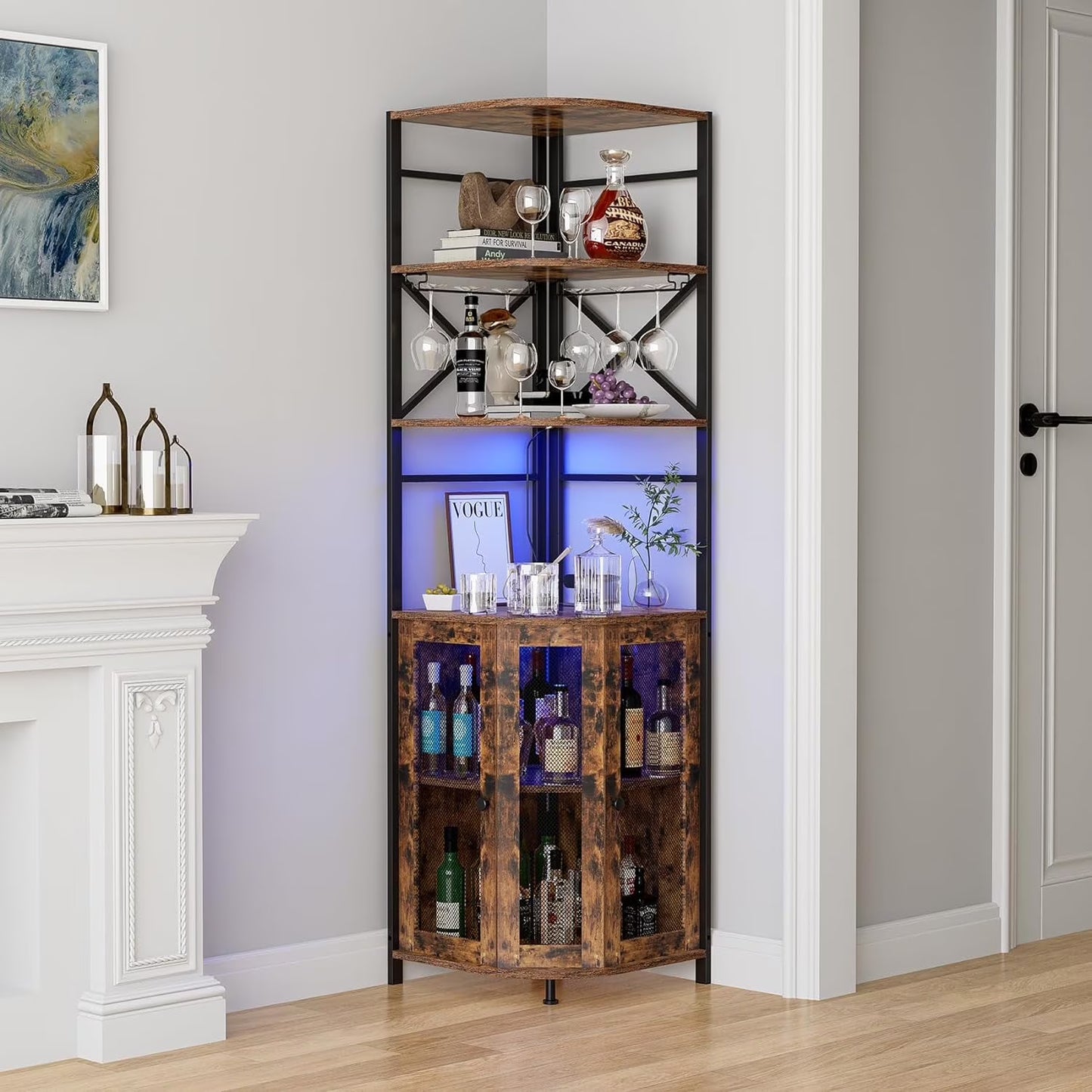 Frmobepts Corner Bar Cabinet with Power Outlet, 6-Tiers Industrial Wine Cabinet with LED Strip and Glass Holder for Living Room, Kitchen, Grey