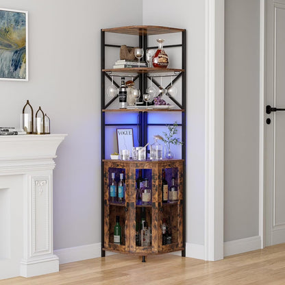 Frmobepts Corner Bar Cabinet with Power Outlet, 6-Tiers Industrial Wine Cabinet with LED Strip and Glass Holder for Living Room, Kitchen, Grey