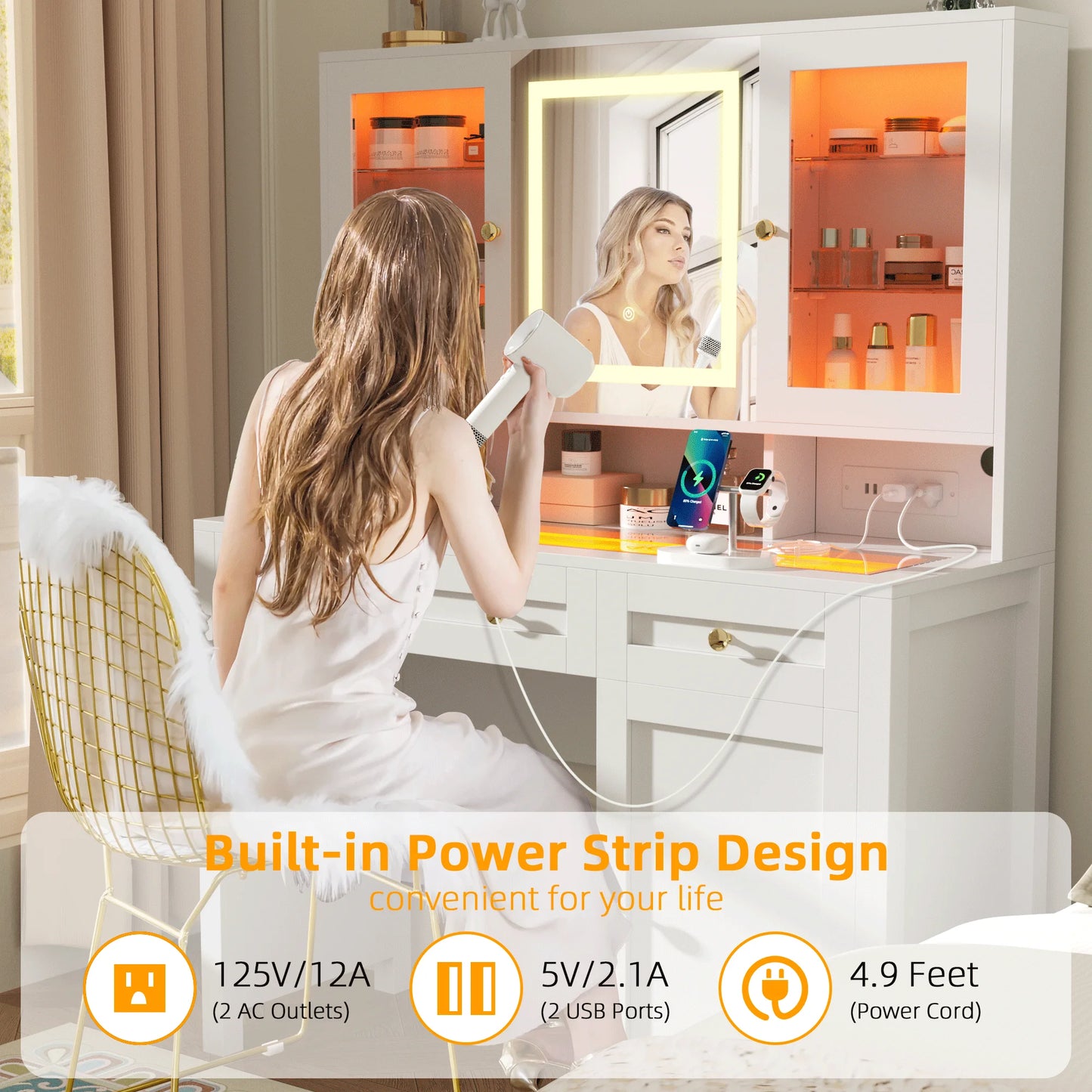 Semoic White Makeup Vanity Desk with LED Mirror and RGB Lights and Power Outlet, Morden Glass Top Vanity Table with Drawer & Storage Cabinet & Adjustable Shelves, Large Dressing Table for Bedroom