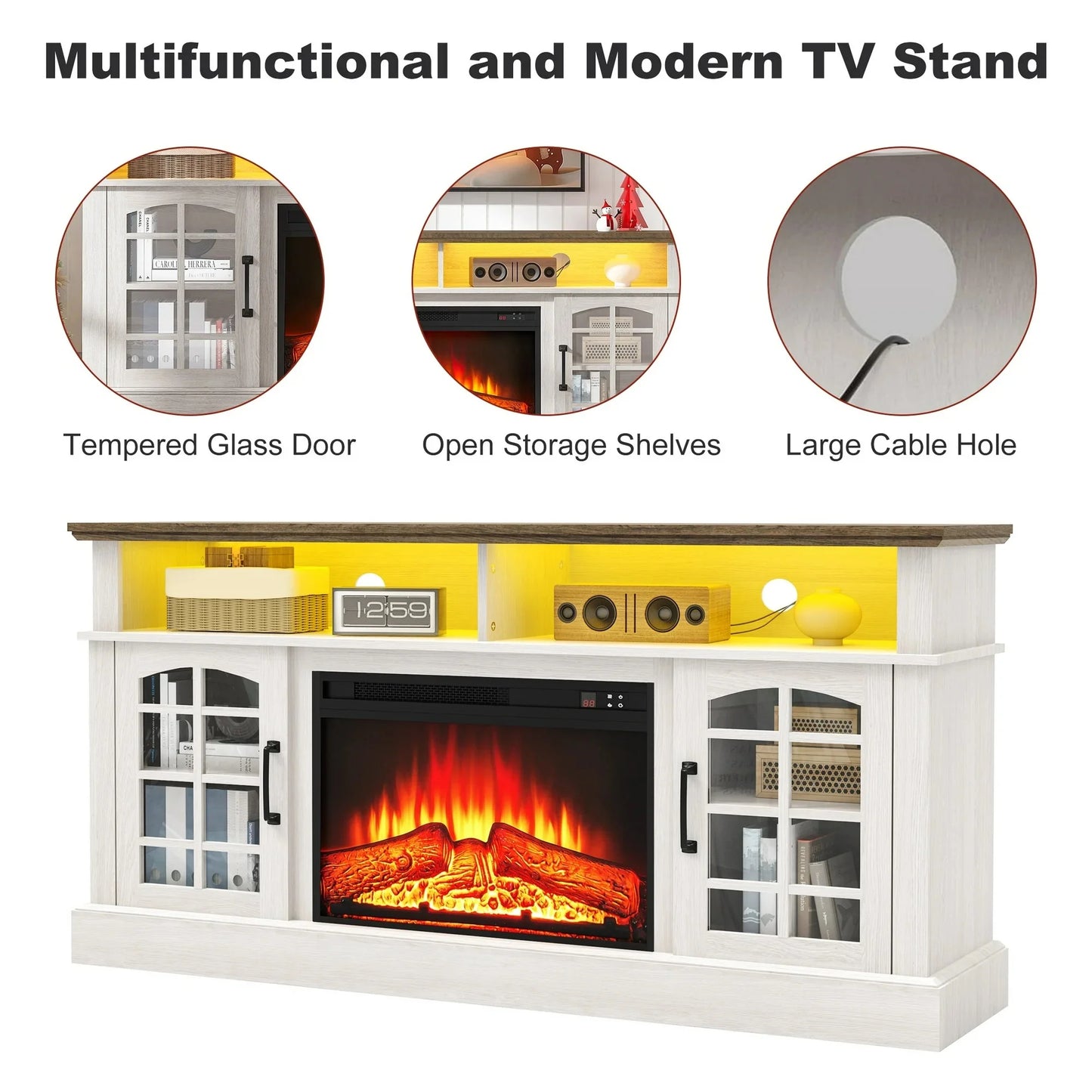 SYNGAR Fireplace Electric TV Stand for 65" TV with LED Light, Modern Entertainment Center With Remote Control Virtual Flame Fireplace, 2 Cabinet Storage, Glass Door, Storage Shelves, Brown