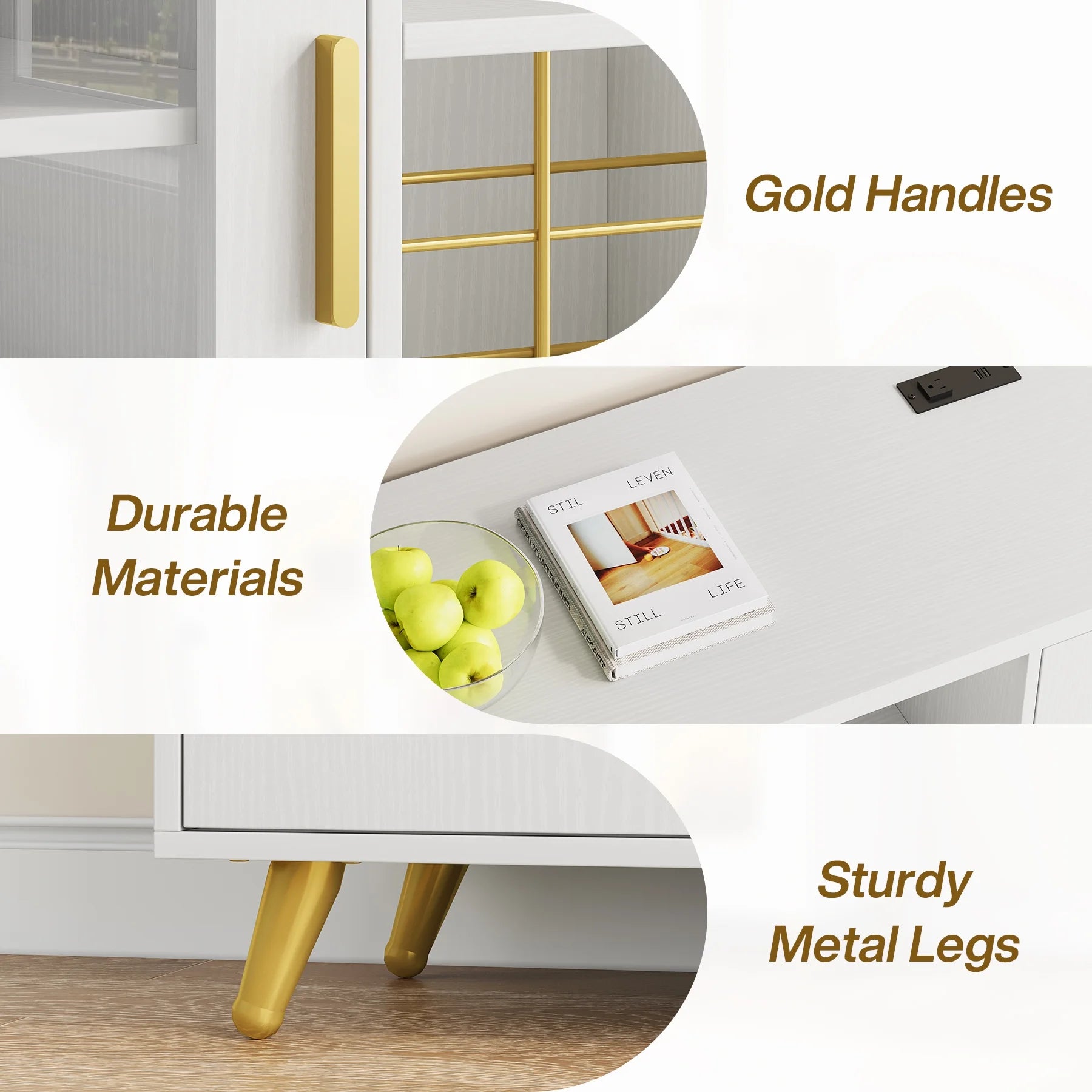 Condemo Wine Bar Cabinet with LED Light & Power Outlet, Liquor Cabinet with Wine Rack and Glass Holder for Dining Room, Living Room, Kitchen, White