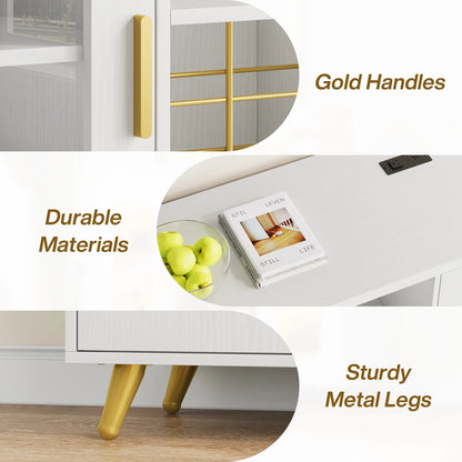Condemo Wine Bar Cabinet with LED Light & Power Outlet, Liquor Cabinet with Wine Rack and Glass Holder for Dining Room, Living Room, Kitchen, White