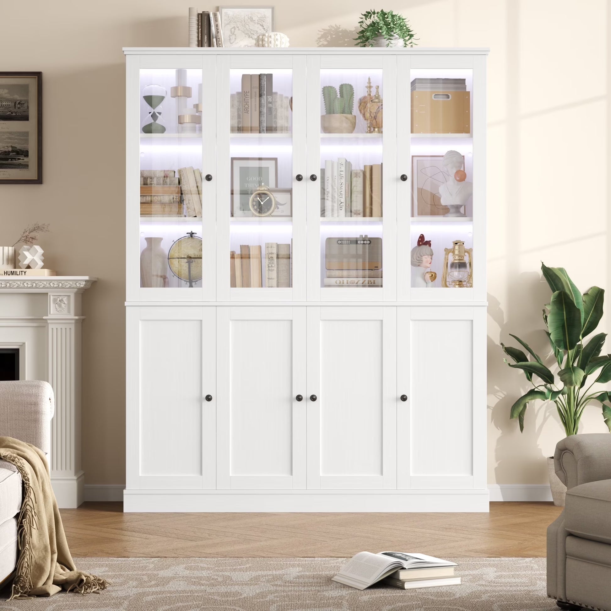 Homfa Kitchen Pantry Cabinet with Glass Doors, 74° Tall Display Cabinets with LED & Adjustable Shelves for Living Room Office, White