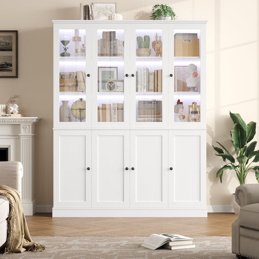 Homfa Kitchen Pantry Cabinet with Glass Doors, 74° Tall Display Cabinets with LED & Adjustable Shelves for Living Room Office, White