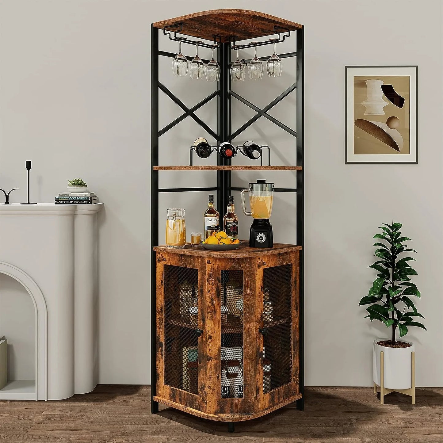 Frmobepts 6 Tier Corner Bar Cabinet with Glass Holder, Storage Cabinet with Door and Shelves , Corner Shelf with Wine Rack Display Shelves,Grey