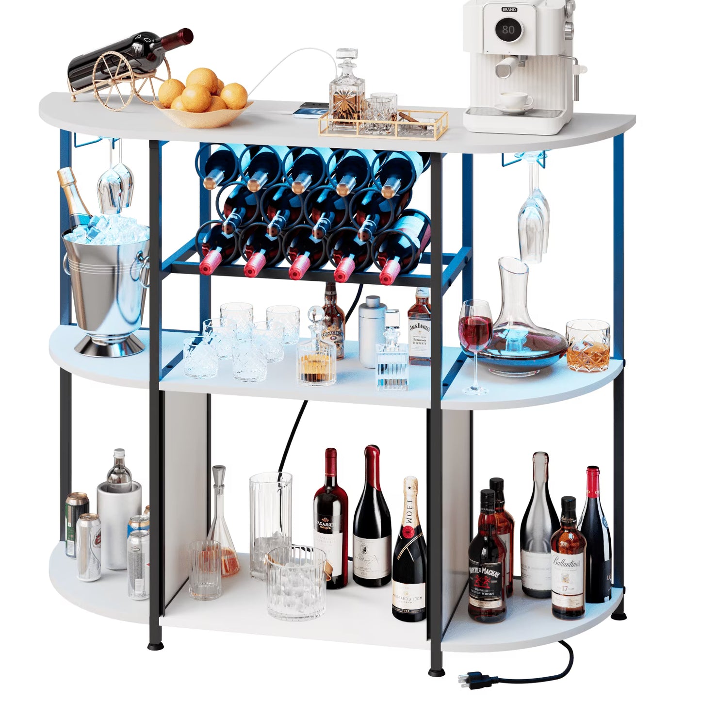 BOSSIN Bar Cabinet with Power Outlet & LED Home,Coffee Bar Cabinet for Liquor,Bar Cart with 4-Tier Storage for Bottles and Glass Holder